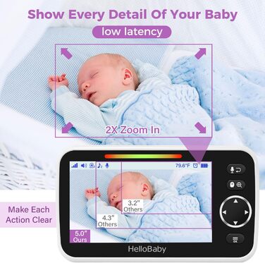 Дитячий відеоняня HelloBaby з камерою та аудіо, 5-дюймовий кольоровий LCD-дисплей, інфрачервона нічне бачення, режим VOX, індикатор температури, моніторинг сну