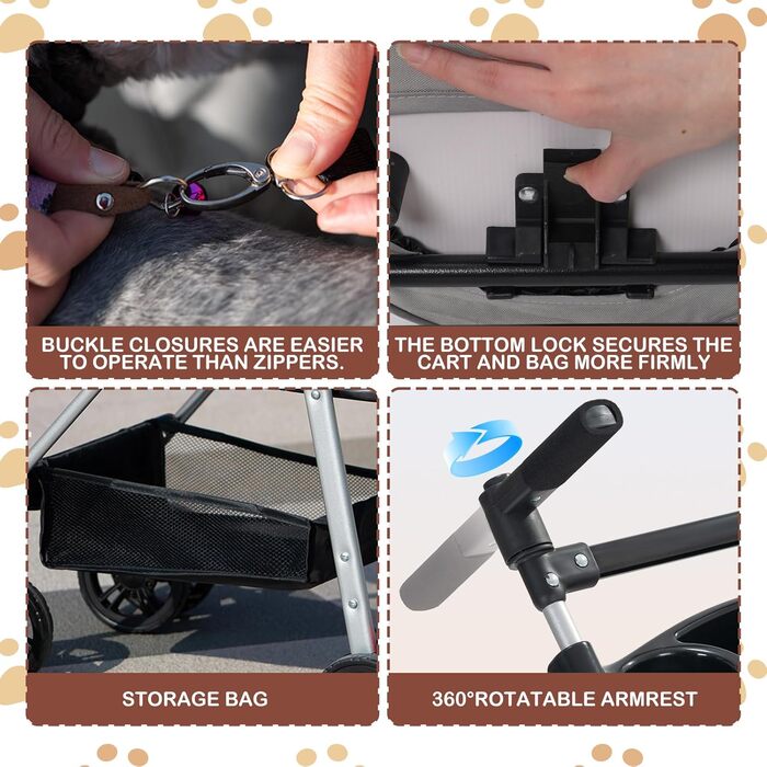 Візок для собак Siairo 3-в-1, сірий. Будка для собак середніх порід до 20 кг, переноска, автокрісло, відділення для їжі