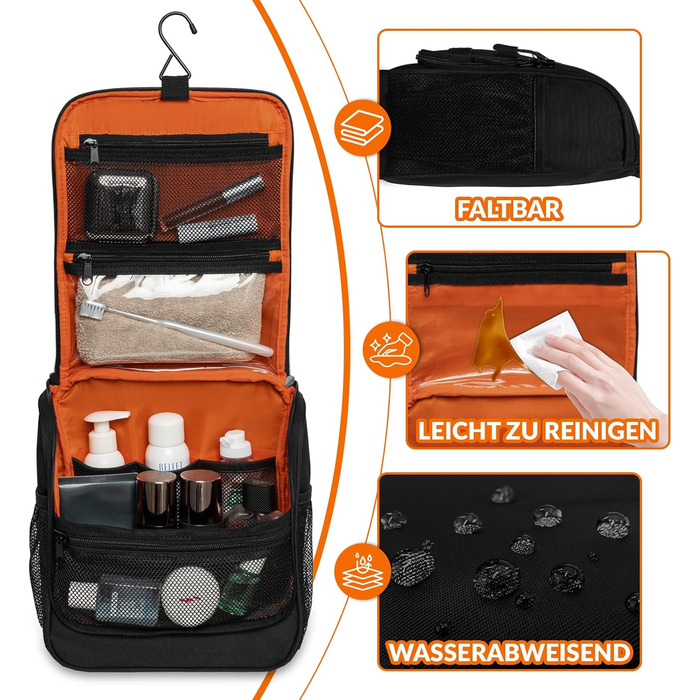 Туалетна сумка для подорожей Kulturbeutel: чоловіча та жіноча, водонепроникна, з гачком для підвішування, 7 відділень для кемпінгу та подорожей (зелена, чорна)