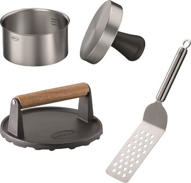 Набір для приготування бургерів RöSLE 3 шт. з пресом, грузиком та лопаткою, нержавіюча сталь 18/10, чавун з емалевим покриттям