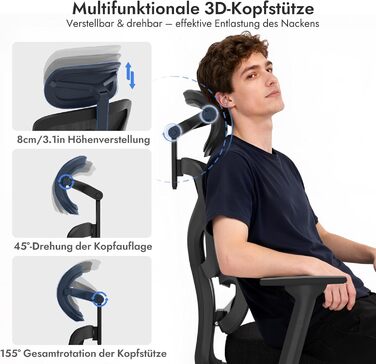 Ергономічне крісло для офісу та геймінгу з регульованою підголівником та 3D підлокітниками, підтримкою попереку, чорне