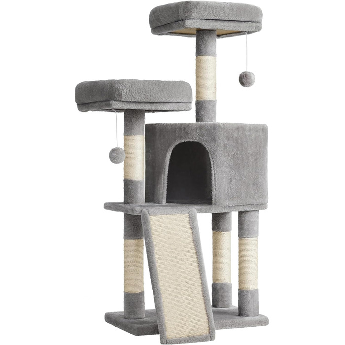 Дряпальня для котів Feandrea, кігтеточка з платформою, м'який плюш, сірий колір, 115 см, повністю обмотана сизалем, 50L x 35B x 115H см