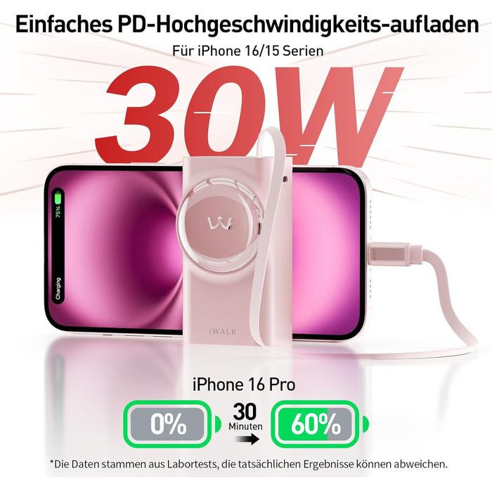 Power Bank iWALK 10000mAh з вбудованим кабелем USB-C 70см, 3 виходи, 30W PD, рожевий