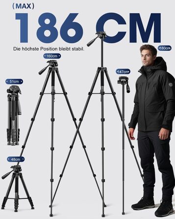 Штатив для камери CAMBOFOTO 186 см: професійний штатив з моноподом для DSLR, беззеркальних камер, телефонів та відеокамер, з тримачем для телефону та чохлом (чорний)