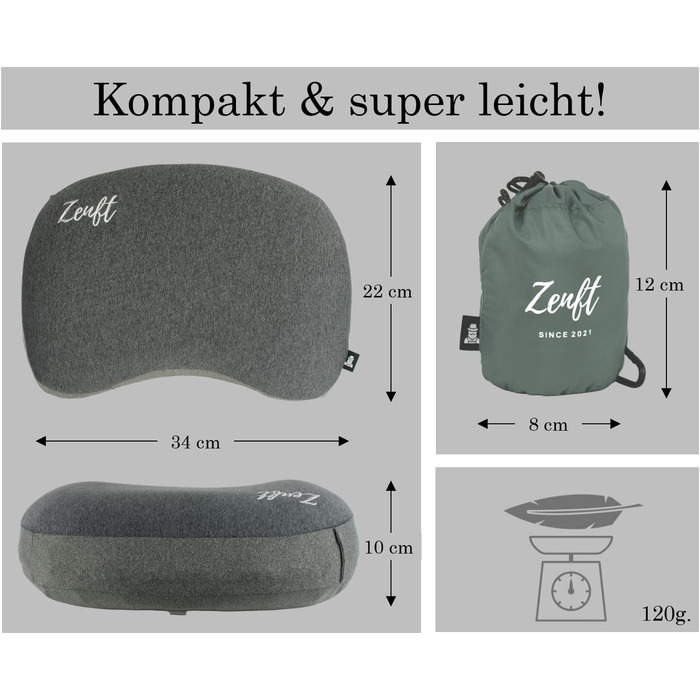 Zenft Travel Pillow – Outdoor Cushion, Travel Pillow, extra soft, Inflatable Head Pillow – Cushion for Camping Equipment, Backpacking, Car, Train, Picnic, Beach – Optimal for Vacation and Travel