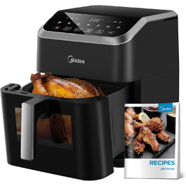 Фритюрниця Midea з гарячим повітрям 7 л, HeatXpress, 90% менше олії, енерго- і заощадження часу, 7 програм, оглядове вікно, антипригарна, чорна