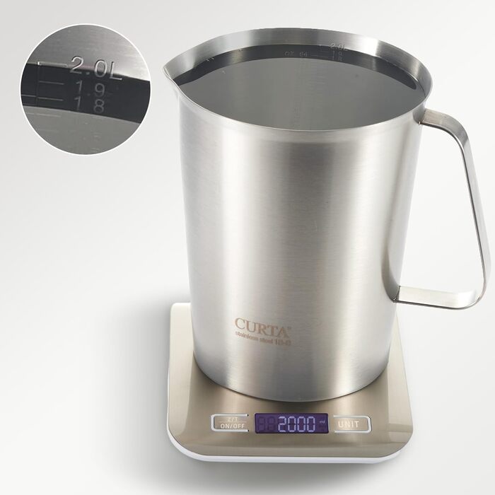 CURTA stainless steel measuring cup, 2L measuring cup, stainless steel milk frothing pitcher with markings, types of markings including ml, oz, and cup…