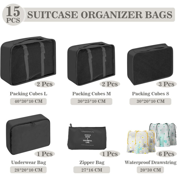 Органайзер для валізи GIBOHOM, набір 15 шт., водонепроникні чохли для одягу, туристичний органайзер, чорний