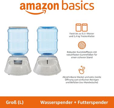 Кормільниця та поїлка для собак Amazon Basics, 2.5 галони, розмір L, білий колір, прозора поїлка та годівниця, розмір L