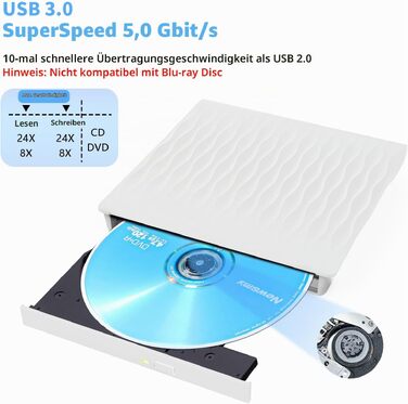Зовнішній DVD/CD привід USB 3.0 та Type-C, DVD-записувач +/-RW для ноутбука та ПК, сумісний з Windows, macOS, Linux (Білий)