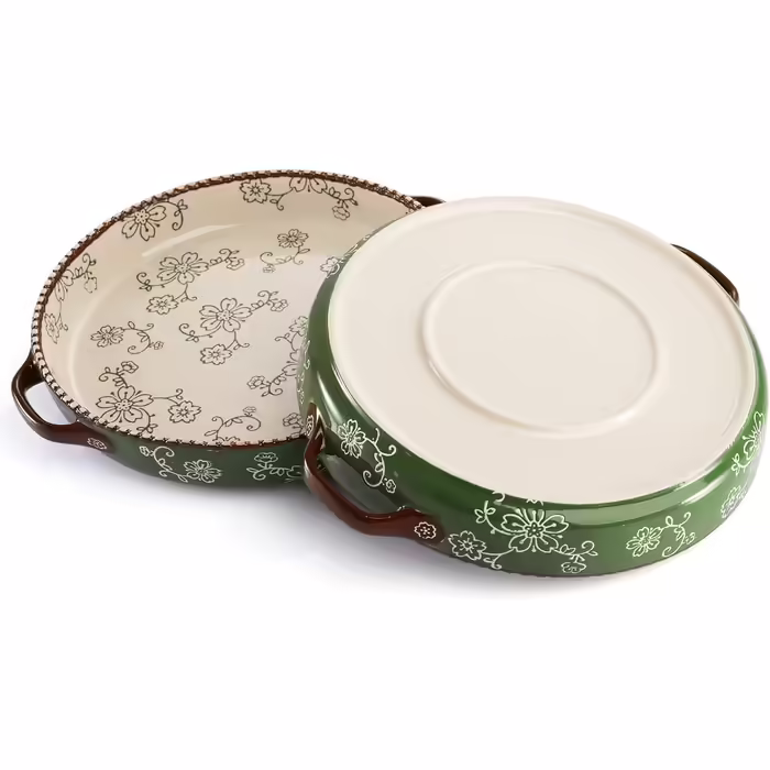 AVLA 2-Piece Ceramic Cake Pans, 9-inch, Round Baking Dish with Double Handles, 27.3 oz, Deep Quiche Dish for Kitchen, Cooking, Roasting Lasagna (Sakura, Green) Sakura, Vert