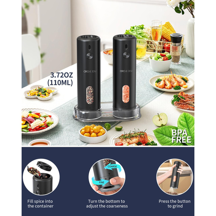CIRCLE JOY електрична млинка для солі та перцю, з акумулятором, автоматична, 110 мл, регулювання помелу, біле LED-підсвічування, для однієї руки, чорна