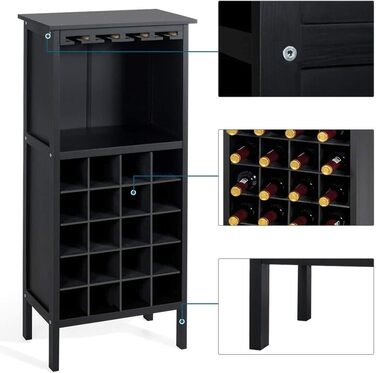 RELAX4LIFE Wine Rack Pine Wood, Wine Cabinet with Wine Glass Holder, Wine Holder for 20 Bottles, Wine Stand for Kitchen, Bottle Shelf for Wine & Drinks, Large Storage 42 x 24.5 x 96 cm (Black)