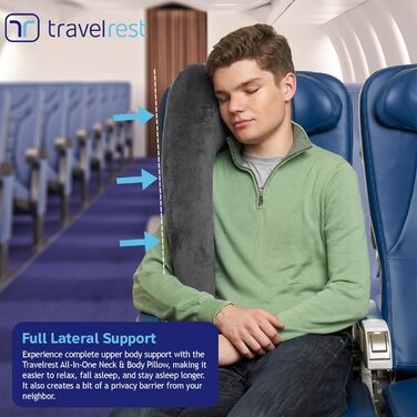 Travelrest® All-IN-ONE Premium Travel Pillow/Neck Pillow – washable plush cover with memory foam – ideal for airplanes, cars, trains, office naps (rolls up small)