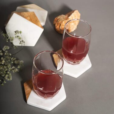 GoCraft Coasters made of marble and mango wood, handcrafted, geometric, white. Marble coasters for drinks, wine glasses, beverages, cocktails, and bar glassware. Elegant home decor (Set of 6)
