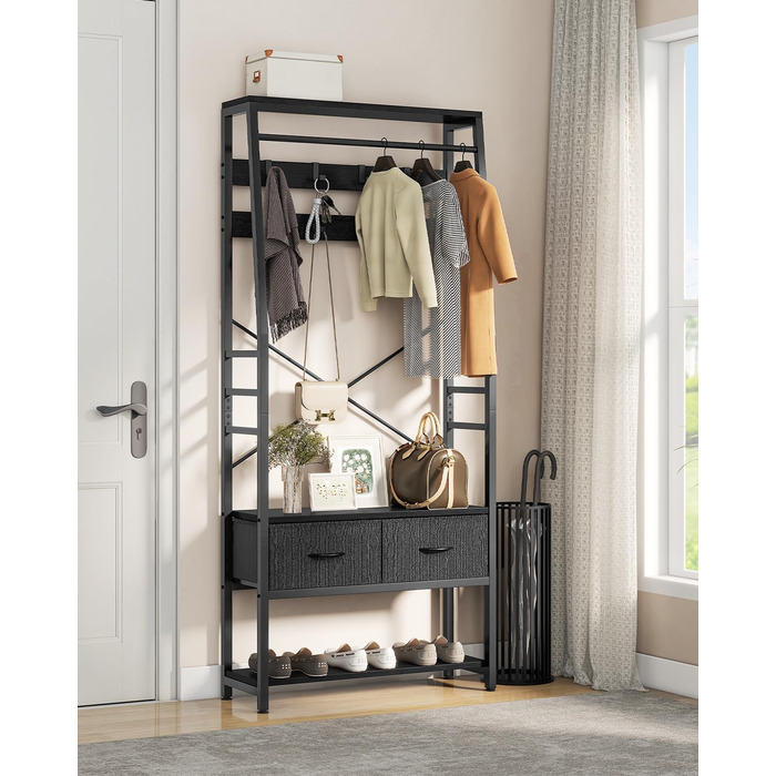YITAHOME Entryway Storage Bench with Shoe Cabinet, Freestanding Entryway Bench with Bank and 2 Folding Drawers, Industrial Coat Rack with 8 Hooks for Entryway, Living Room, Bedroom, Metal Frame, Rustic Brown (Black)
