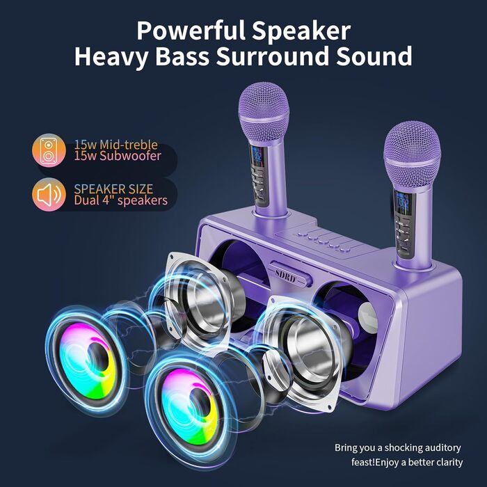 Караоке-машина з 2 бездротовими мікрофонами, Bluetooth, світлові ефекти, підставка для телефону (Lila)