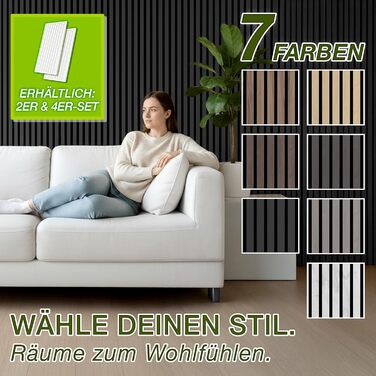 Акустичні панелі TRESKO з дерева 120×60×2,1 см (4 шт), 3D стінові ламелі для шумоізоляції, колір дуб чорний, з набором 8 гачків та монтажним комплектом