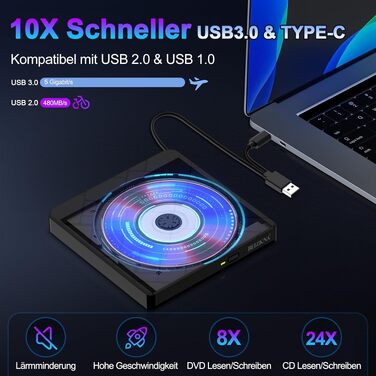 Зовнішній USB 3.0 та USB-C CD/DVD привід-записувач Beizkna, портативний DVD-бренер для ноутбука, ПК, MacBook та iMac, сумісний з Windows 11/10/8/7, Linux та macOS, чорний