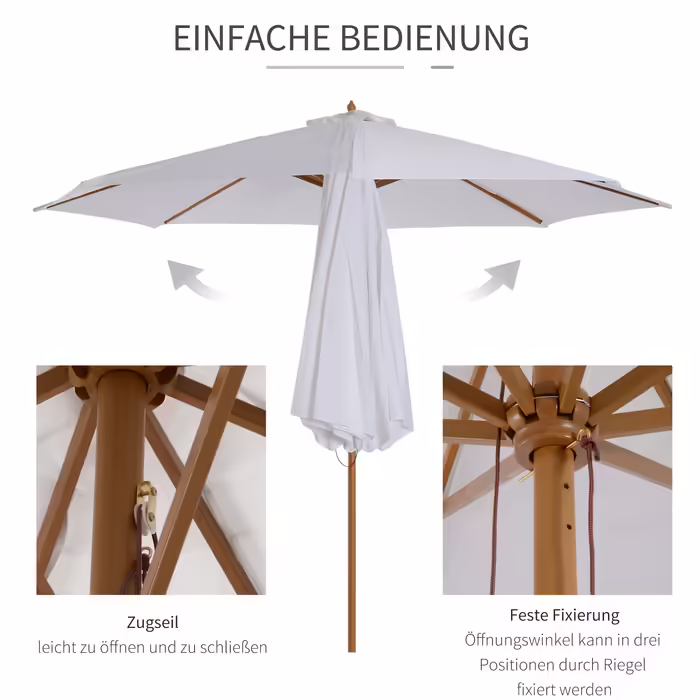 Outsunny Wooden Parasol 300 cm Wooden Umbrella Garden Umbrella Balcony Umbrella Bamboo Cream White | Aosom