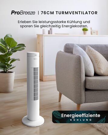Турбовентилятор Pro Breeze з пультом керування, 76 см, коливання 65°, таймер, 3 швидкості – потужний та енергоефективний, тихий вентилятор для спальні та офісу, білий