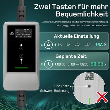 Кабель зарядки для електромобіля тип 2 Schuko 3,7kW (6-16A, 1-фазний) з LCD дисплеєм, 7м, для ID.3/4/5/7, Model Y/3, ENYAQ та інших PHEV/EV