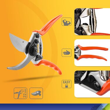 Професійний садовий секатор STOCKER 21 см, хромована сталь, ергономічний, для обрізки гілок до 22 мм, ідеальний для троянд та багаторічників, з PVC-ручками