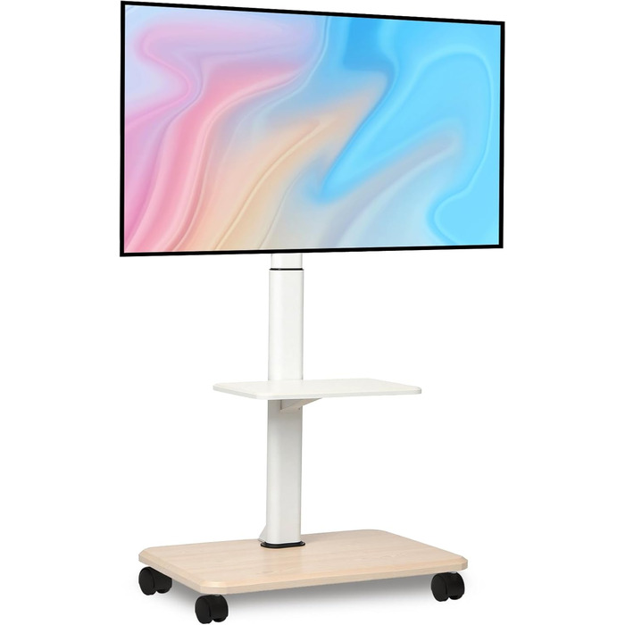 Мобільний ТВ-стіл Hellsehen для LED/LCD/OLED телевізорів 32-70 дюймів (до 45 кг), білий, з регулюванням висоти та блокованими колесами