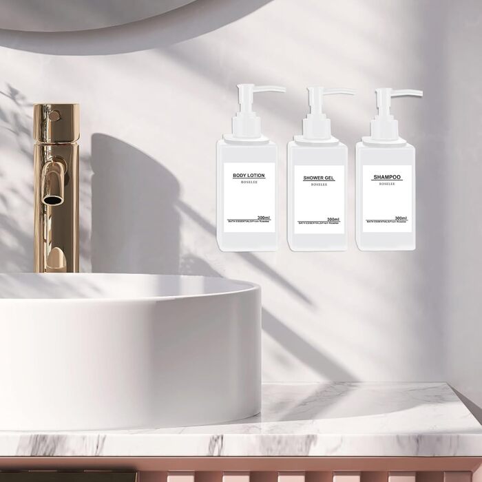 Набір з 3 дозатори для мила Roselee на стіну, без свердління, 500 мл. Дозатори для душу, шампуню та пінної ванни з етикетками для ванної кімнати та кухні (Білий)