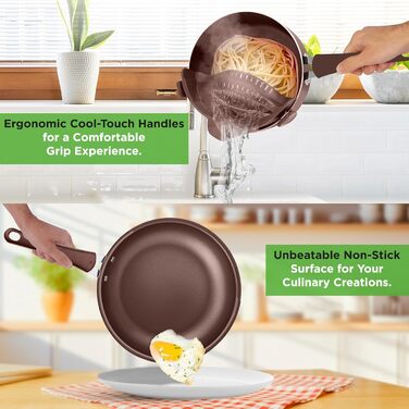 Nutrichef Frying Pans & Induction Cookware Set, 14-Piece Frying Pan Set & Pot Set Induction, Pots & Pans with Cool-Touch Handles PFOA/PFOS-free – Non-Stick – Aluminum with Stainless Steel Edges – Oven-Safe Brown