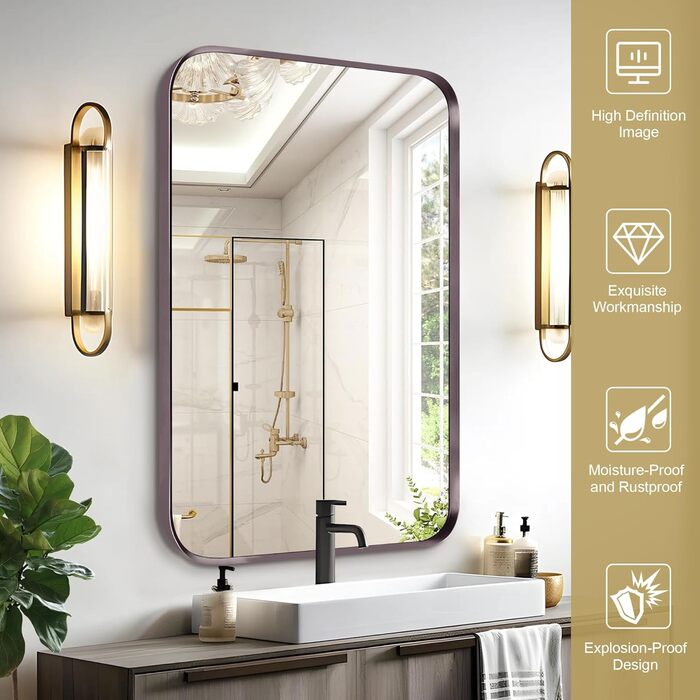 Дзеркало для ванної кімнати на стіну, титан, металевий каркас, з заокругленими кутами, прямокутне, 40,6 x 50,8 см