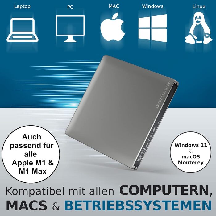 Зовнішній Blu-ray привід techPulse120 USB 3.0 3D Slim: запис та читання BDXL, M-Disc, DVD, CD для ноутбука, MacBook, Windows, MacOS, сріблястий