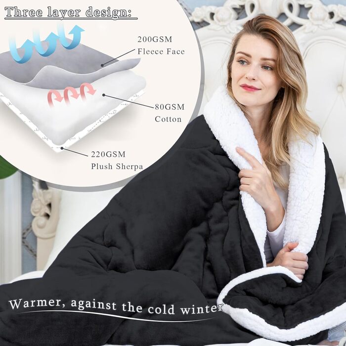 CHOSHOME Плед пухнастий, теплий, фланелевий, мікрофібра, 230x270 см (Чорний)