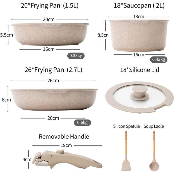 Набір посуду BOREINE 14 предметів з антипригарним гранітним покриттям, знімні ручки, для всіх типів плит (індукція, склокераміка, газ, духовка), коричневий