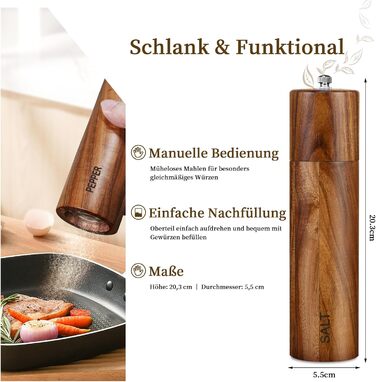 Набір з 2 дерев'яних мельниць для солі та перцю, ручні, 20 см, з регульованим керамічним жорном, для солі та перцю, у подарунковій коробці