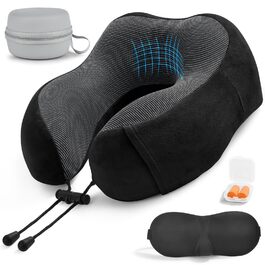 Подушка для шиї в літак, доросла, Memory Foam, регульована, компактна, з навушниками, маскою для сну та чохлом (чорна)
