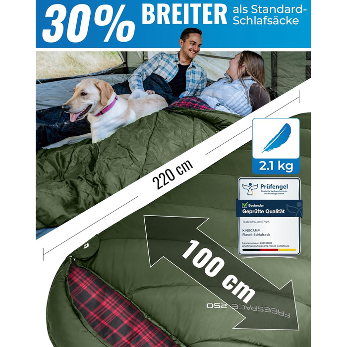 Сплячий мішок KingCamp XXL з бавовни фланель для дорослих, великий розмір, теплий, зимовий, для кемпінгу, подорожей та активностей на природі, 4-сезонний, 220x100 см, класичний оливковий колір