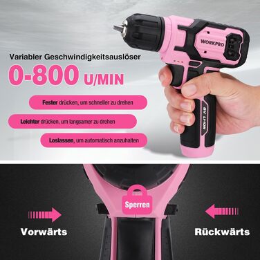 WORKPRO 8V акумуляторний дриль-шуруповерт, комплект з кейсом, 2000 mAh, 10 мм патрон, 12 Н·м, LED-ліхтик, 21 шт. аксесуарів, для ремонту та DIY, сірий & зелений (рожевий & чорний)