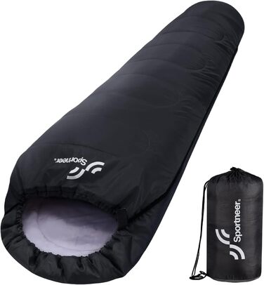 Сплячий мішок Sportneer - компактний та ультралегкий (950г/1500г) - спальний мішок типу 'кокон' для кемпінгу та відпочинку на природі. Підходить для чоловіків, жінок та дорослих (Чорний, літній). 3-4 сезони