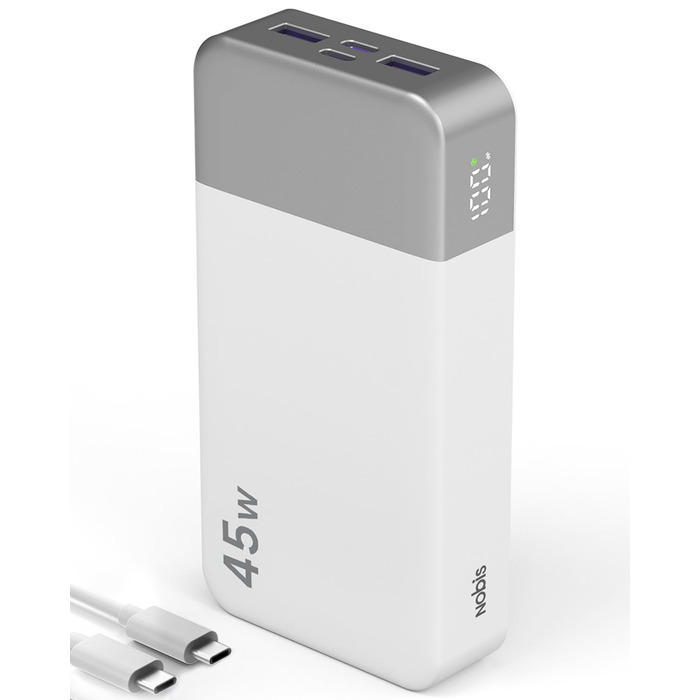 Power Bank NOBIS 20000mAh 45W з USB-C та USB-A, Цифровий дисплей, Білий