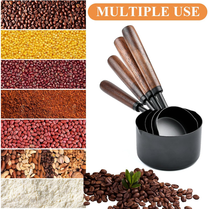 Measuring cup with wooden handle, black stainless steel measuring cup set, dog food scoop for kitchen, flour, spices, measuring, cooking (1, 1/2, 1/3, 1/4 cup)