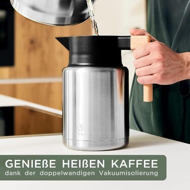 WALDWERK Thermos Flask (1.4L) - Coffee Pot made of double-walled 304 stainless steel with an elegant wooden handle - Insulated carafe with a drip-free spout - Coffee Pot Thermo
