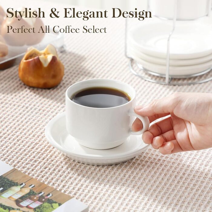 Набір чашок еспресо MALACASA 4 шт., 75 мл, з підставками та стійкою, 240 мл, біле порцелянове, для еспресо, Regular