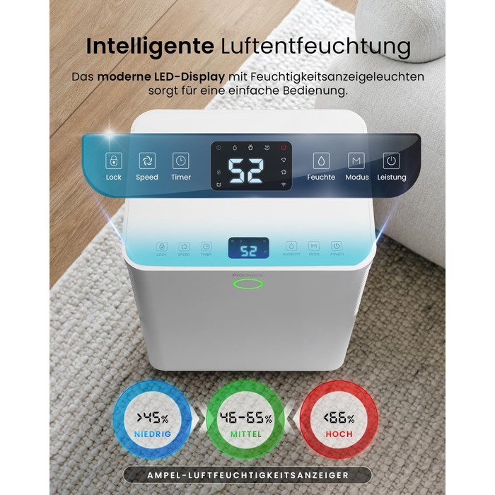 Pro Breeze OmniDry Dehumidifier 12L/24h Dehumidification Performance - Electric Dehumidifier, Humidity Sensor, Drain Hose, Digital Display, Sleep Mode, Timer - Against Humidity, Mold