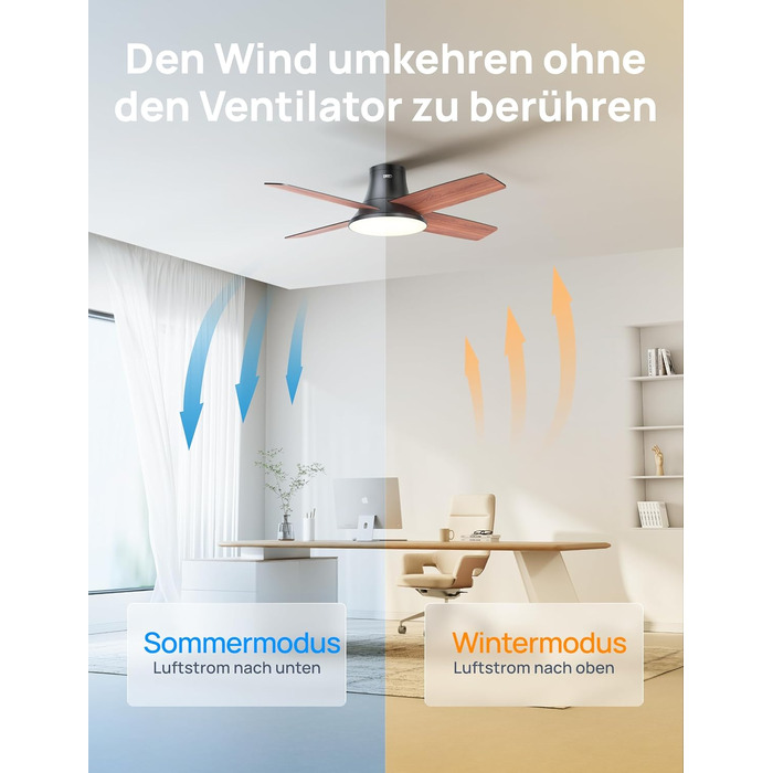 Стеляний вентилятор Dreo з підсвічуванням та пультом керування, 112 см (44 дюйми), плоский, чорний, реверсивний, 5 лопатей, 6 рівнів регулювання яскравості, 6 швидкостей, тихий, з таймером, легка установка для спальні