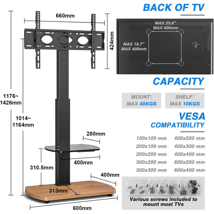 Підставка для телевізора Ttap 32-65 дюймів з дубом та скляною полицею, поворотна та регульована по висоті