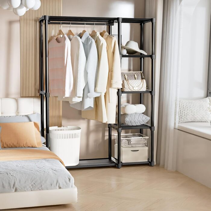 Відкритий шафа для одягу Mavivegue з 4 полицями та вішалкою, чорний - 40x121x161 см