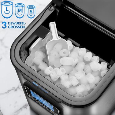 tillvex Ice Maker Stainless Steel 12 kg - 24 h | Ice Cube Maker with Timer and 2.2 Liter Water Tank | Ice-Maker LCD Display & Self-Cleaning Function | 3 Ice Cube Sizes (Silver)