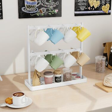 YUMORE Mug Rack with 16 Hooks, Mug Stand, Metal Coffee Cup Holder with Storage Bottom, Coffee Cup Holder, Cup Rack for Kitchen, Dining Room, Cafe Counter, 42 * 15 * 41.5cm (White)