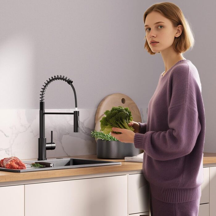 Кран кухонний CECIPA з висувною лійкою, високий поворотний вилив, 360° оберт, нержавіюча сталь, чорний
